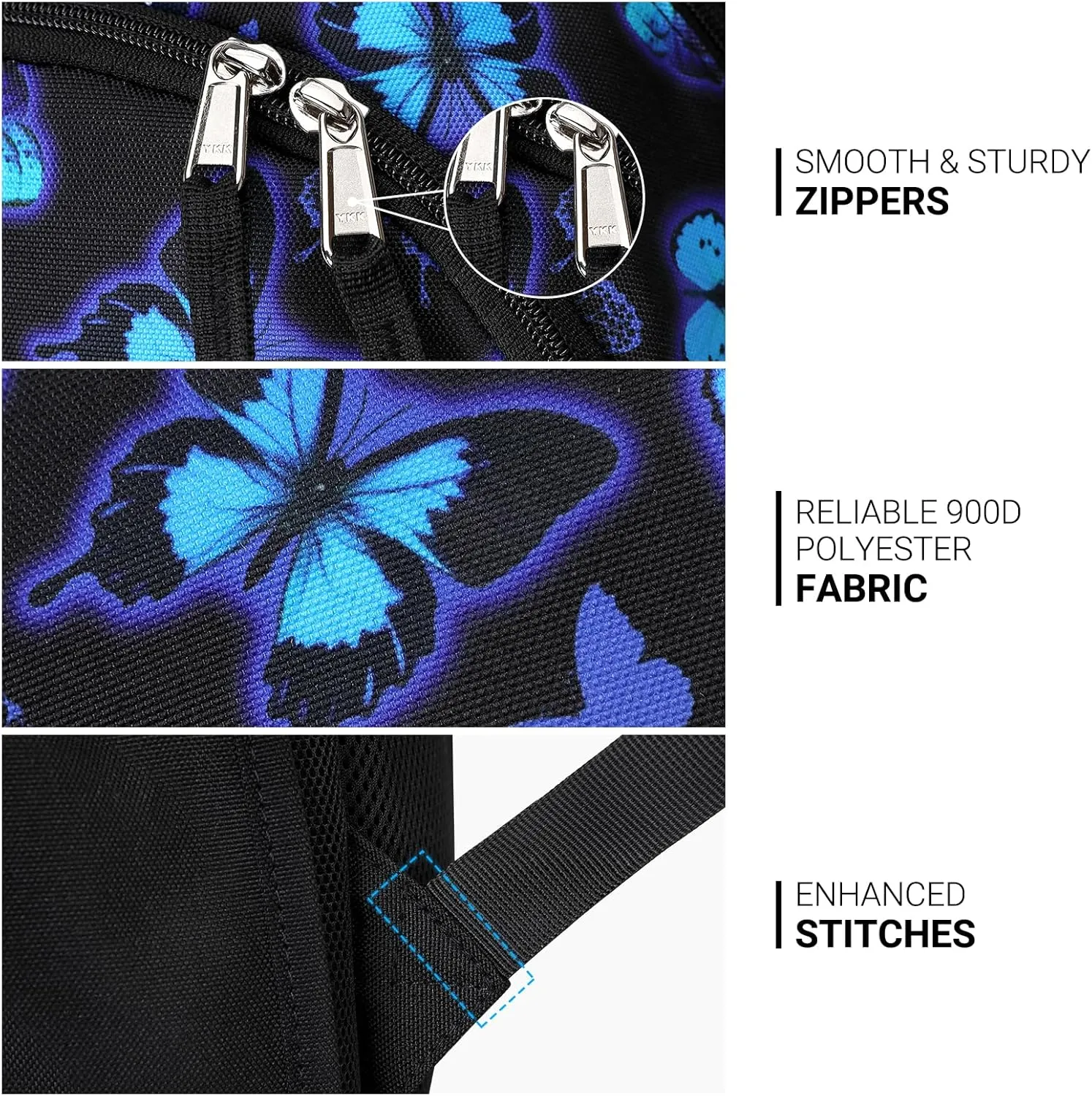 ZORFIN Backpack for School, Travel: Bookbag for Girls Boys - Kids Backpack with Multi Compartments - Butterfly Black