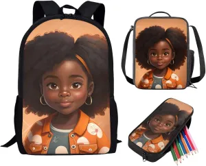 ZOUTAIRONG 3 in 1 African Girls Backpack for School Magic Black Girl Lunch Box Kids Book Bag Pencil Case Black Preppy Princess Bookbag Age 6-8/10-12/14-16