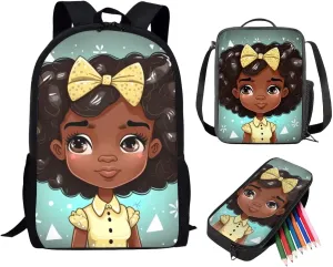 ZOUTAIRONG African Girls School Backpack with Lunch Box Girl Magic American Afro Lunch Bag Pencil Case Cute Book Bags for 2Nd/3Rd/4Th/5Th Grade Kids