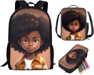 ZOUTAIRONG Black Girl Backpack Teens Girls School Bag with Lunchbox Pencil Case African American Afro Kids Middle Elementary School Bag Lunchbag Pencil Case