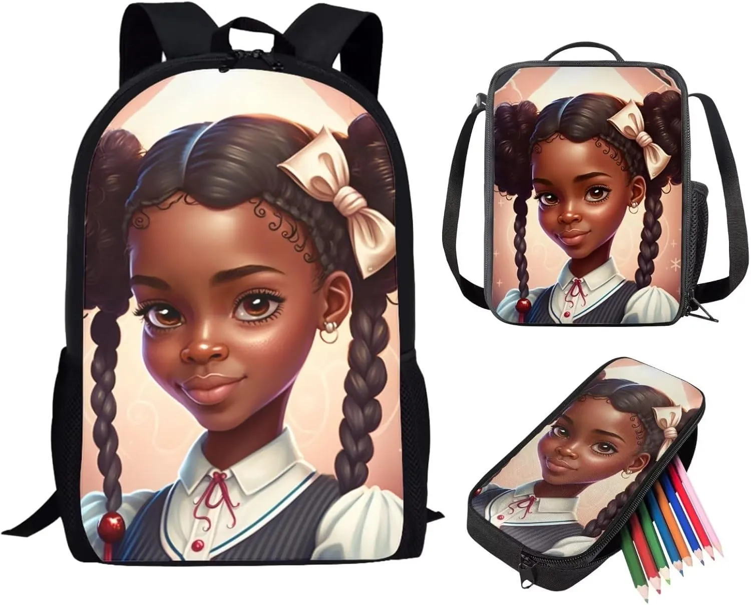 ZOUTAIRONG Magic Black Girl Backpack Set 3 in 1 Elementary Girls African Lunch Box Kids Pencil Case,Elementary Primary School Bags Age 6-8/10-12/14-16 Year Old