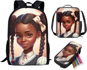 ZOUTAIRONG Magic Black Girl Backpack Set 3 in 1 Elementary Girls African Lunch Box Kids Pencil Case,Elementary Primary School Bags Age 6-8/10-12/14-16 Year Old