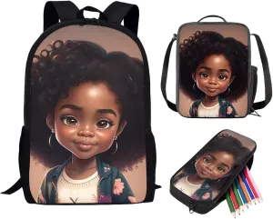 ZOUTAIRONG Magic Black Girls Backpack with Lunch Box Set American Afro Girl Bookbag African School Bags Middle Elementary Kids Book Bag Pencil Case 3 in 1